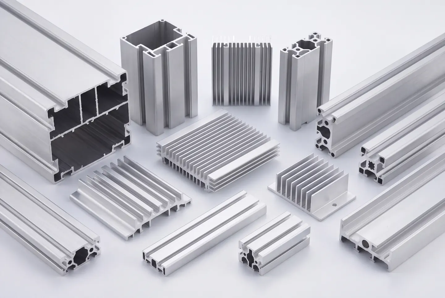 Range of solid and hollow aluminum extrusion profiles with channels and fins