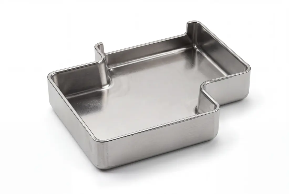 Formed metal enclosure tray with curved corners and integrated locating tabs