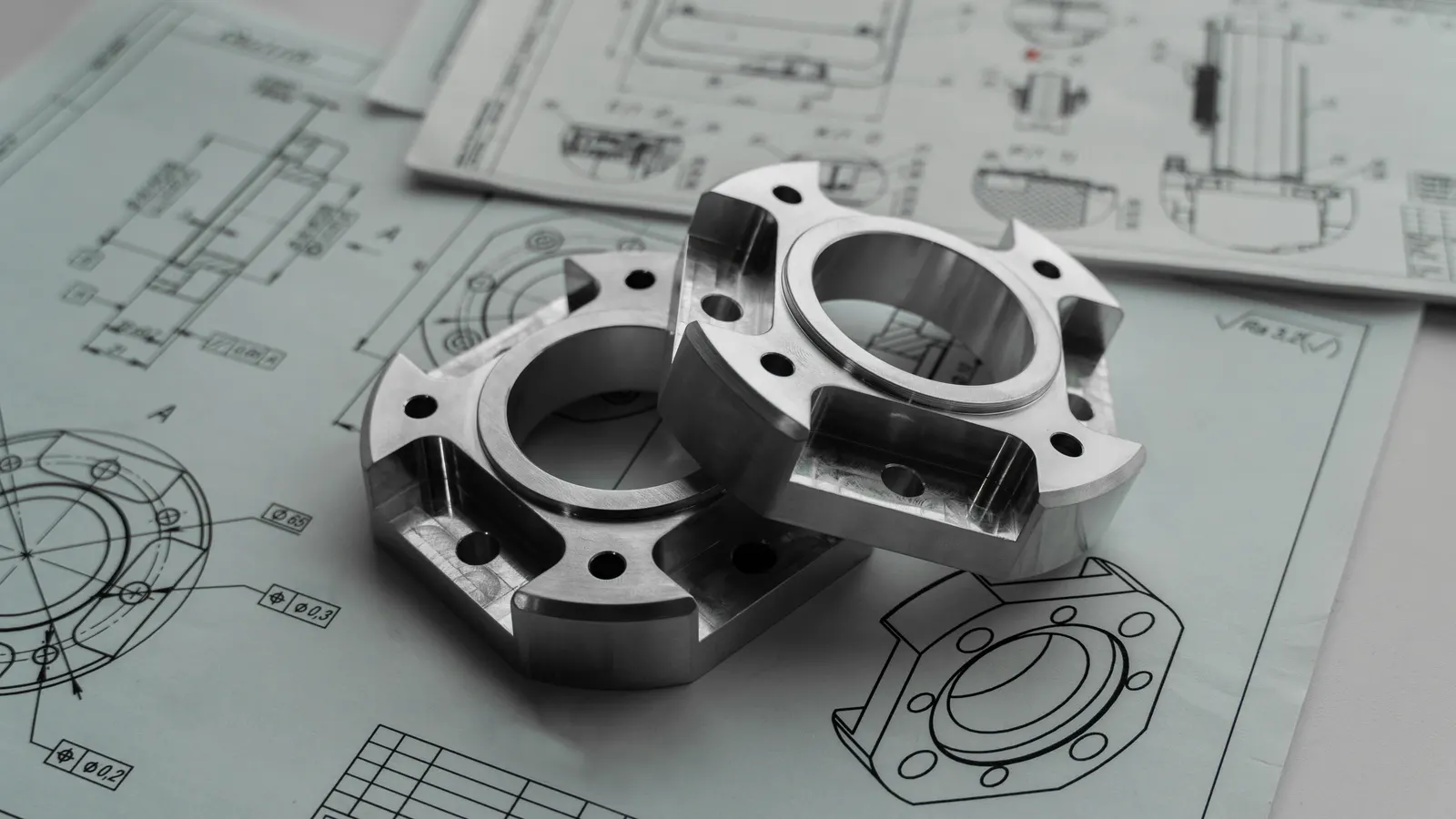 CNC milled metal components on a workbench