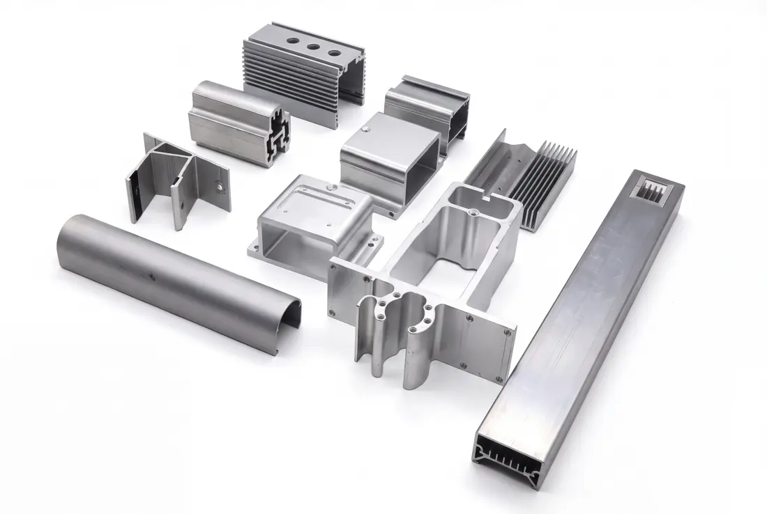 Close view of aluminum profile cross-sections with channels and hollow features